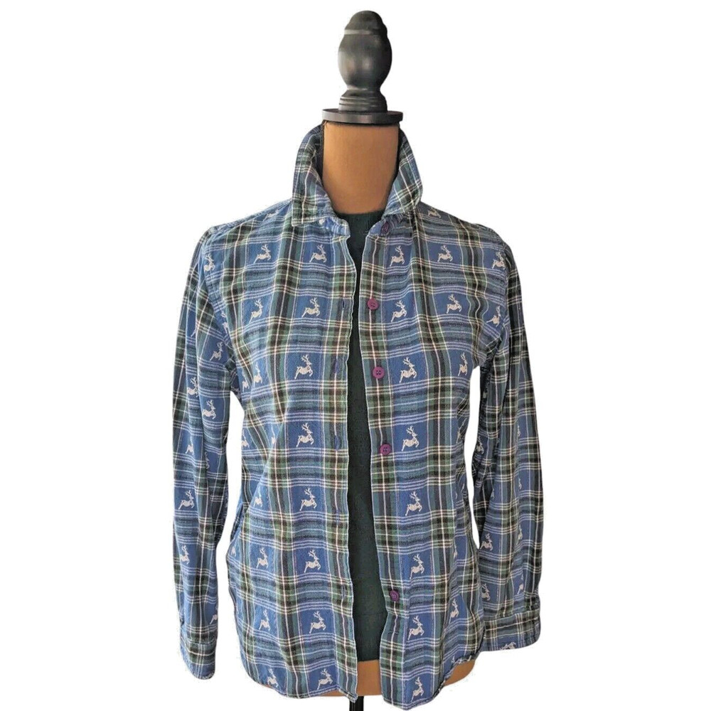 Y2K Cabin Creek Shirt PM Blue Plaid Embroidered Reindeer Button Up Preppy Lodge